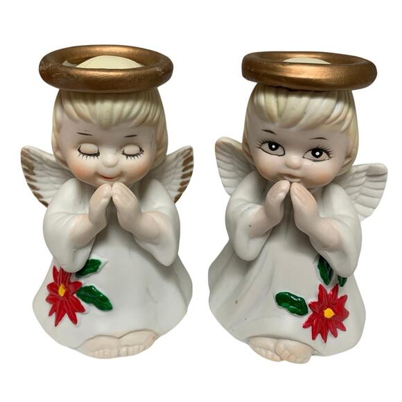 Two Praying Angels Bells Poinsettia Gown Gold Halos Porcelain VTG Taiwan R.O.C - Picture 1 of 5